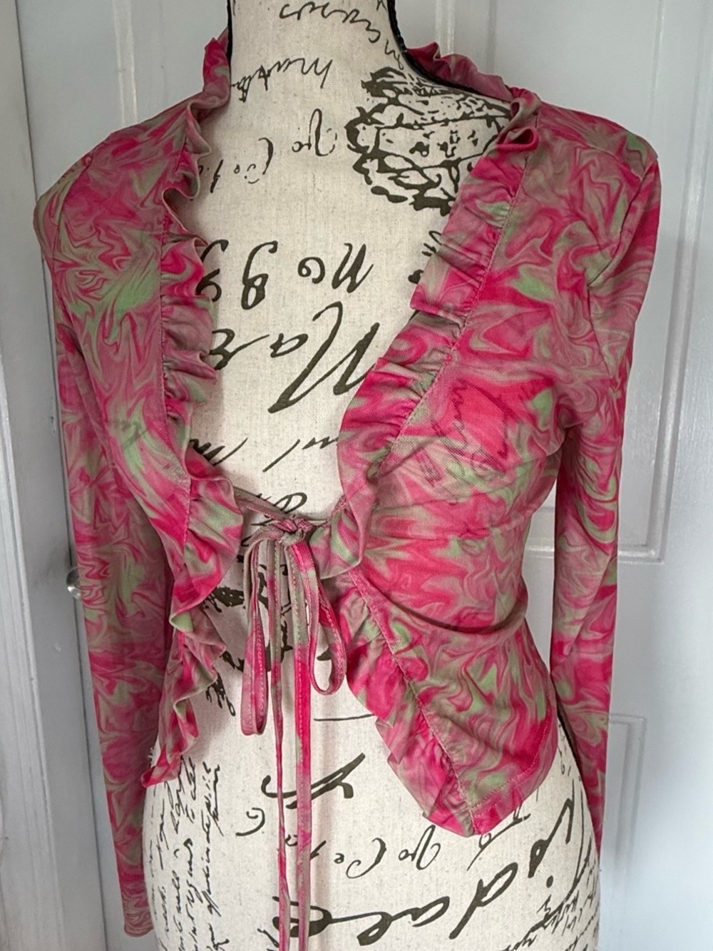New Pink Y2K Style Pink & Green Abstract Marble Mesh Tie-Front Cardigan Top M - Picture 2 of 9